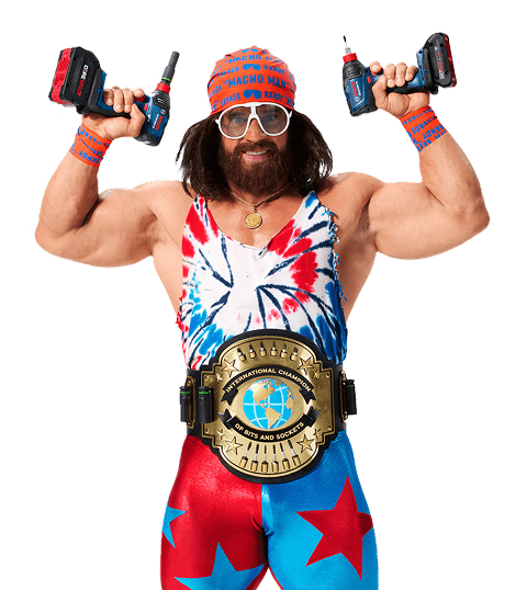Macho Man Randy Savage stands in the center wearing a colorful wrestler outfit and holding two 18V 2-in-1 Impact drivers from Bosch in the air